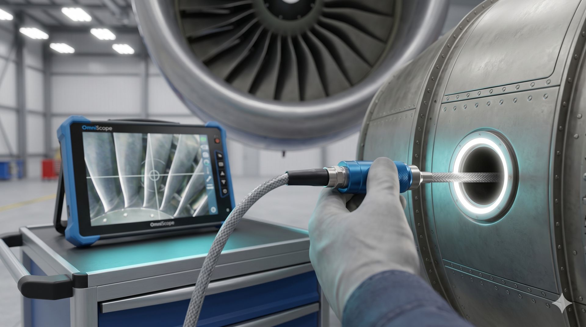 OmniScope industrial borescope deployed in Aerospace & Aviation inspection environment