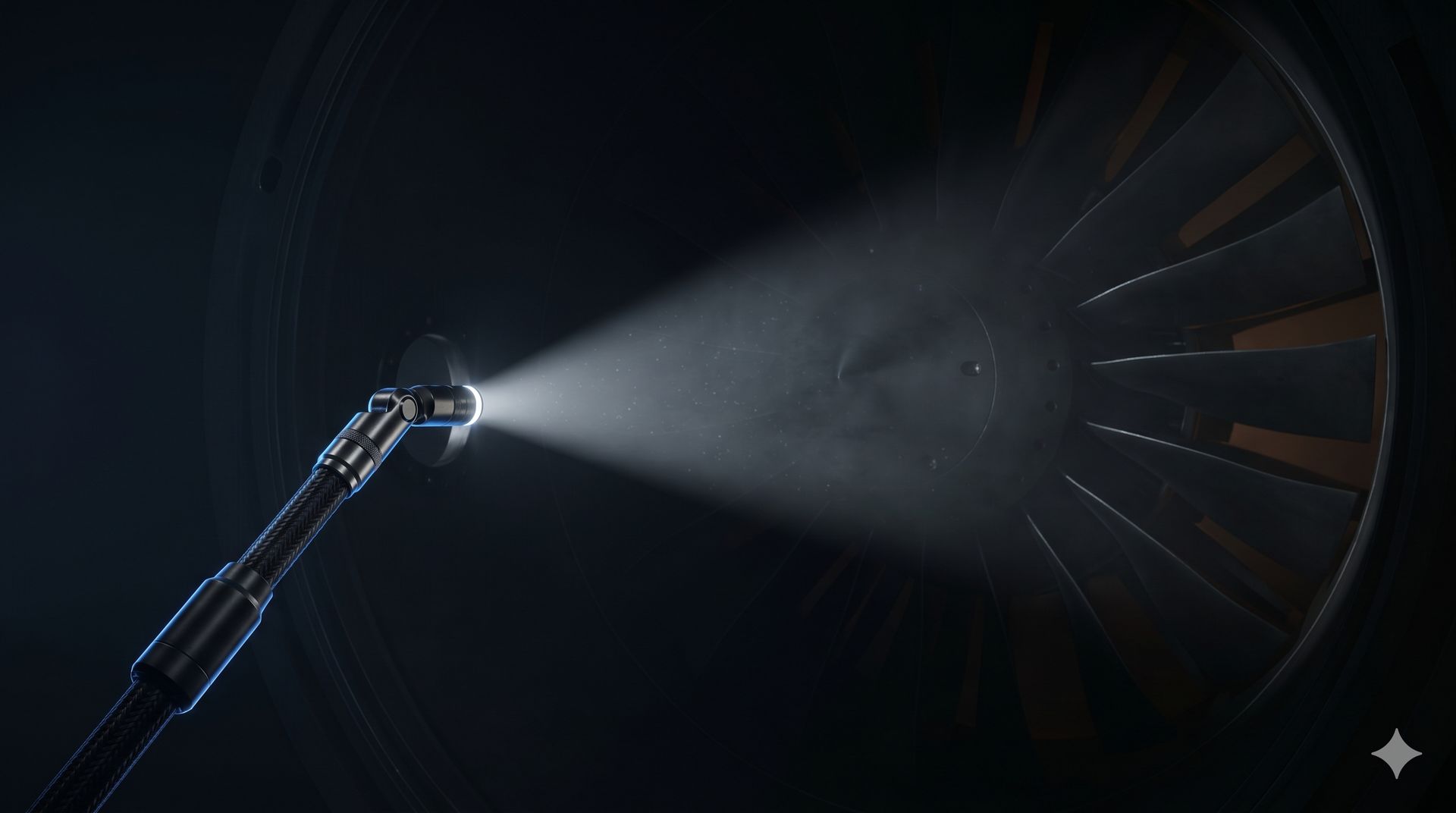 Industrial borescope probe entering a massive turbine assembly — precision inspection in critical infrastructure
