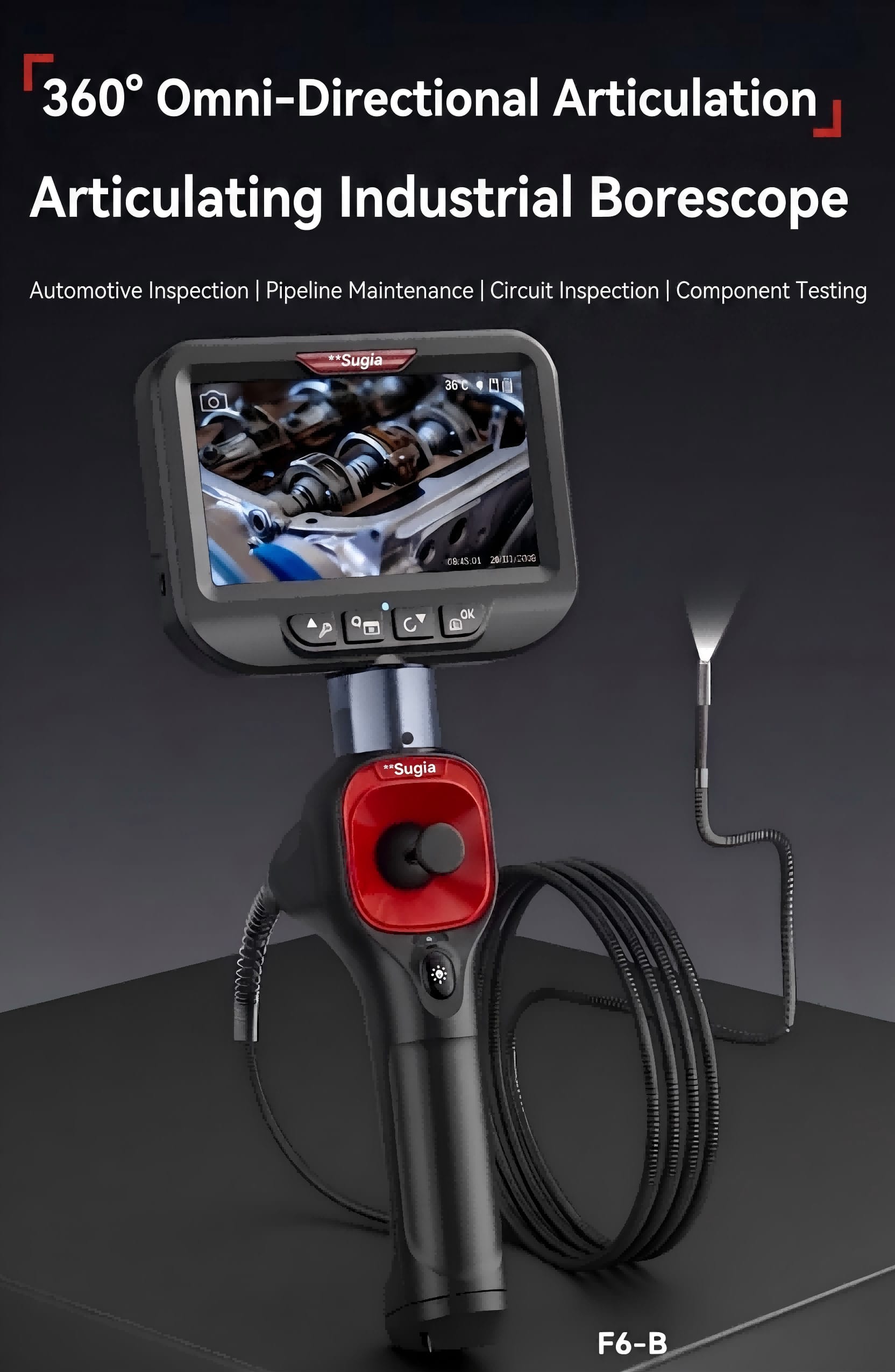 Sugia F6-B Series industrial borescope — 360° all-way joystick, HD CMOS sensor, IP67 waterproof probe